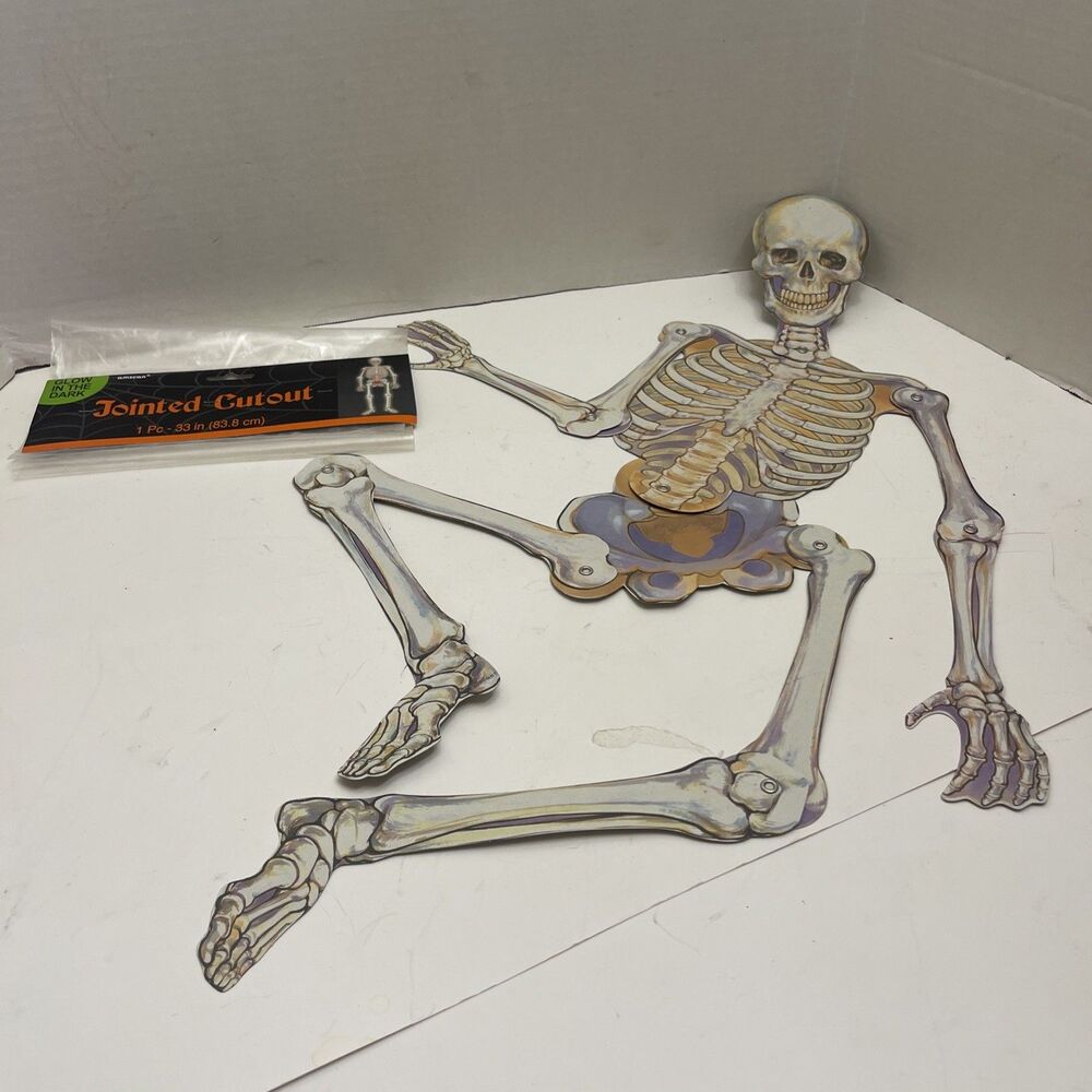 Vintage Amscan Jointed Skeleton Cut Out Glow In The Dark Die Cut 33 Inches